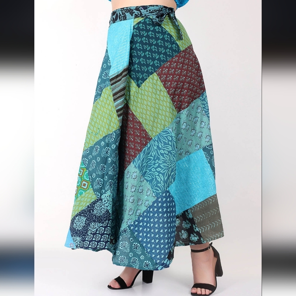 Boho Patchwork Upcycled Cotton Wrap Maxi Skirt